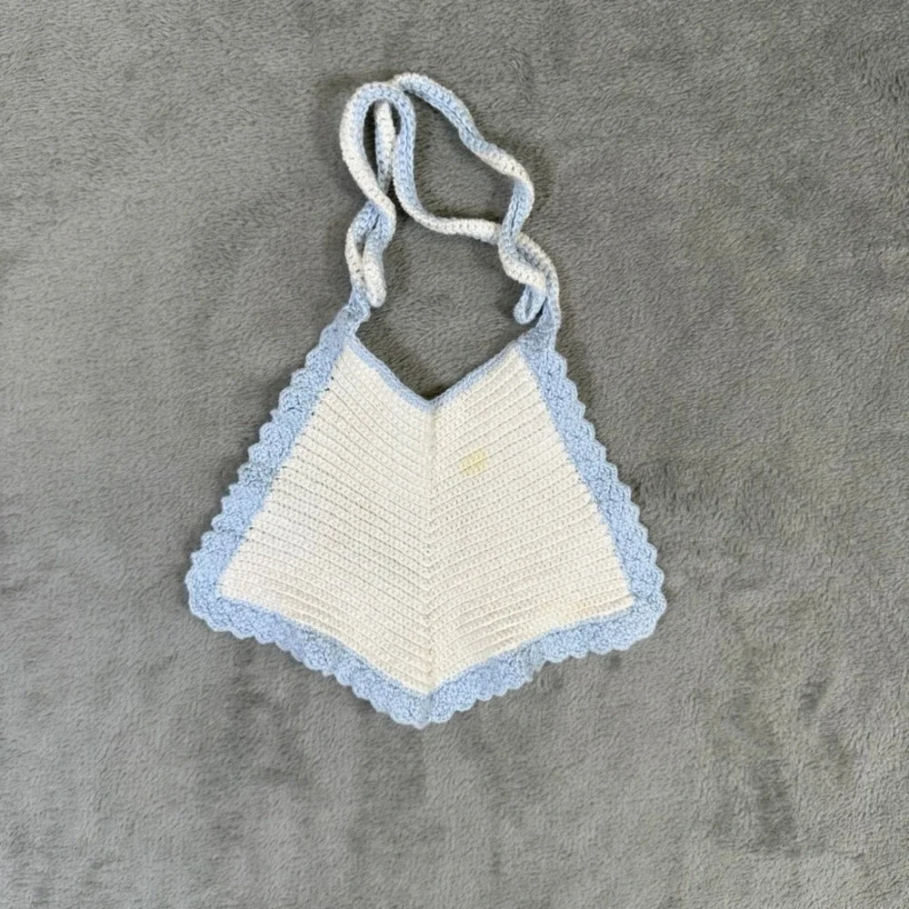 Handmade Crochet Baby Bib White Light Blue Scalloped Edge Vintage Style 12658